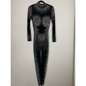 Log In Black Rhinestone Catsuit Jumpsuit Mock Neck Long Sleeve Size M
